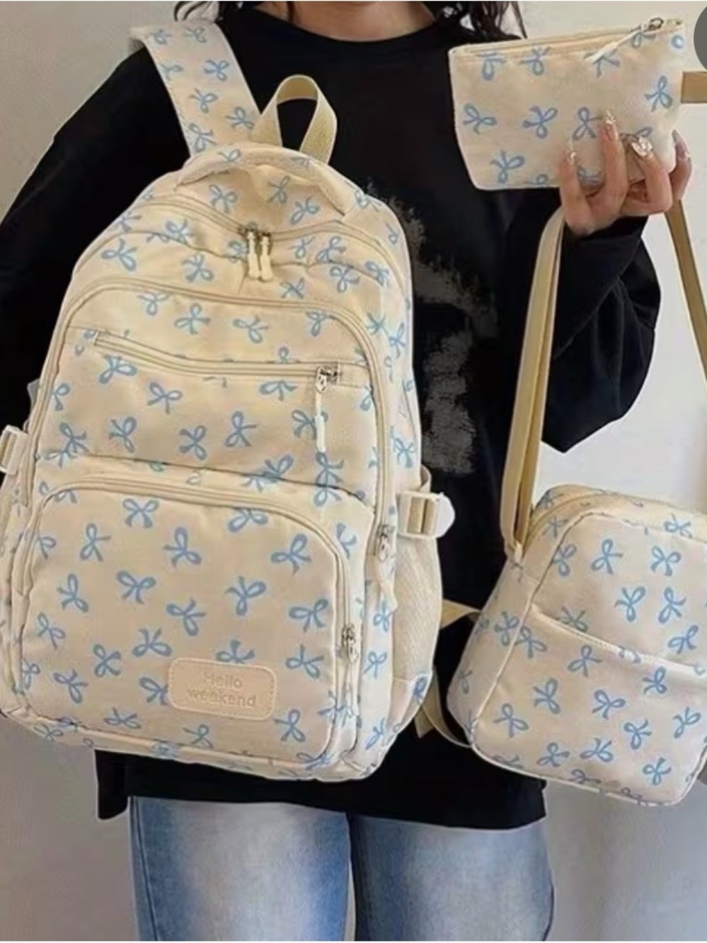 Cream & Light Blue Bow Print Backpack Set